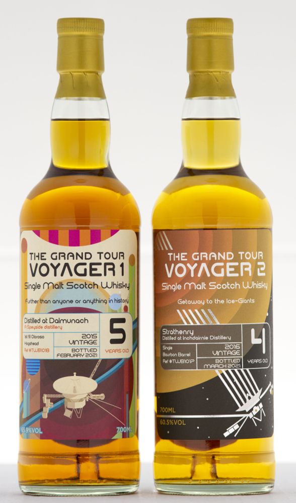 Two bottles of whisky from The Whisky Barrel, commemorating the Voyager 1 & 2 space missions