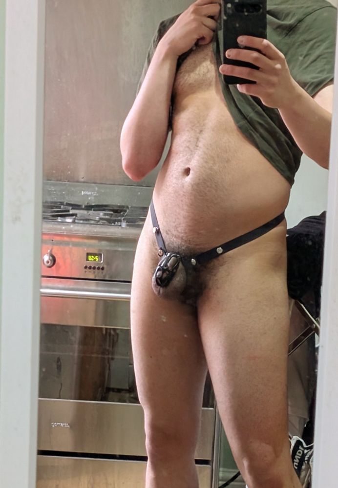 puppy presenting while being locked away nice and tidily into a chastity cage :3
