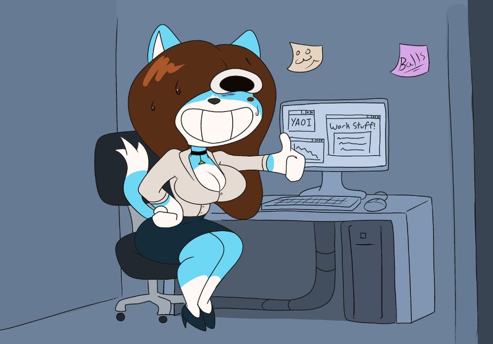 Blue cat woman giving a nervous thumb up at her desk