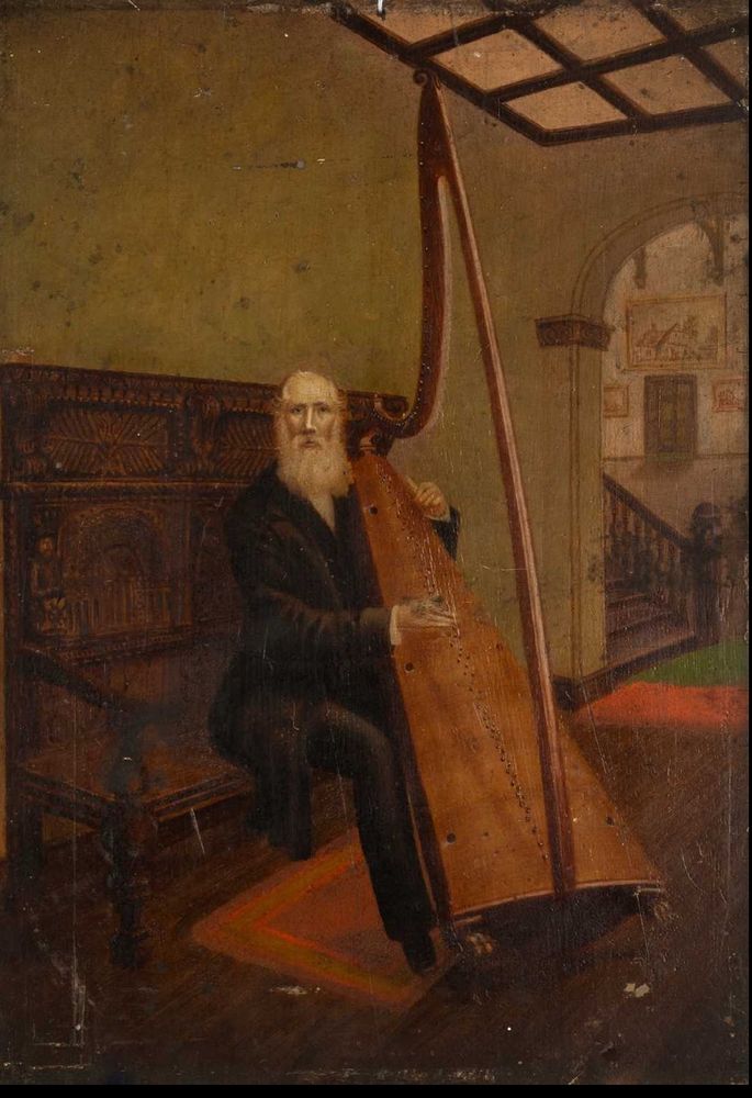 Portrait of Welsh Romany harpist John Roberts Telynor Cymru. 