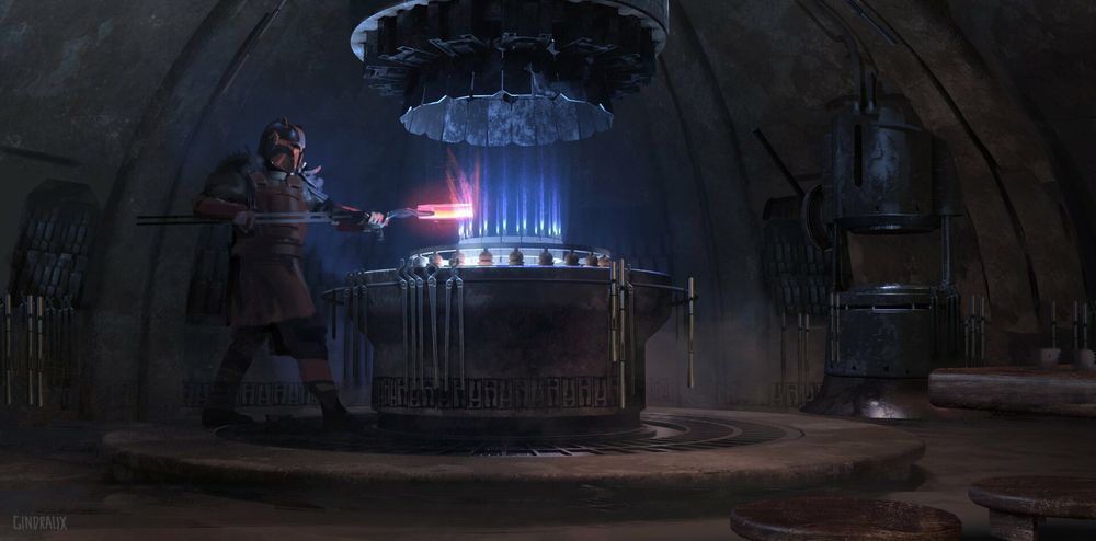 Concept art painting of the beaker forge from The Mandalorian. A dome shaped room containing several pieces of equipment, centered on a large circular forge emitting several shafts of blue flame into the air. An armored figure holds a piece of metal in the flames, where it glows intensely from the heat.

The point is you would not want to touch this stove under any circumstances