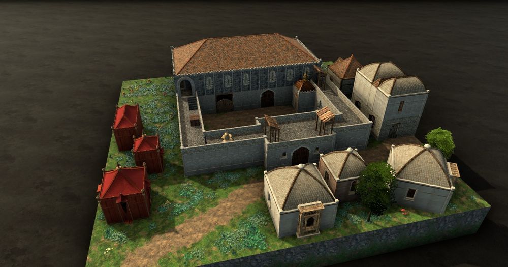 3D model of a small castle and outbuildings.