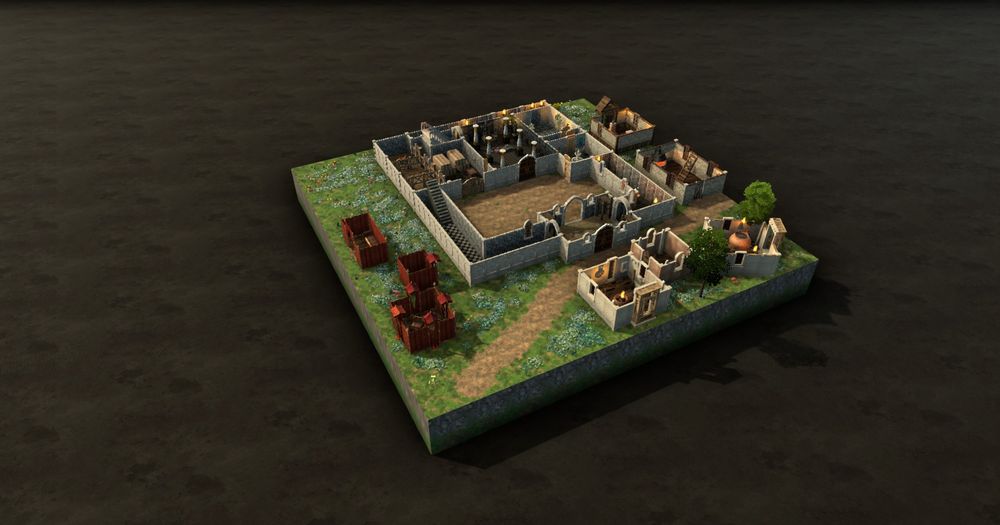 3D model of a small castle and out buildings in a cut-away showing the ground floor.
