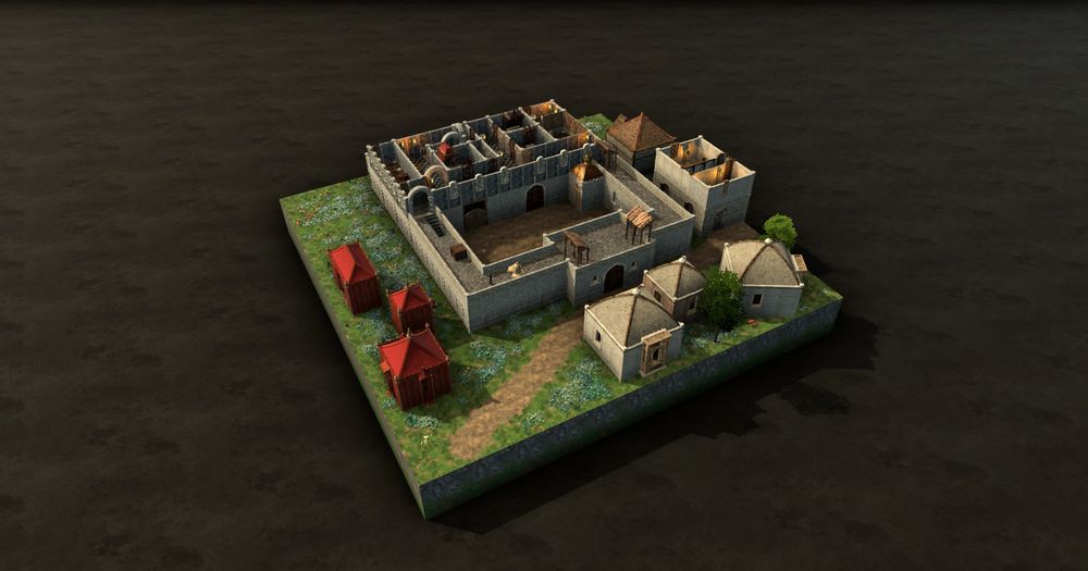 3D model of a small castle and out buildings in a cut-away showing the upper floor.