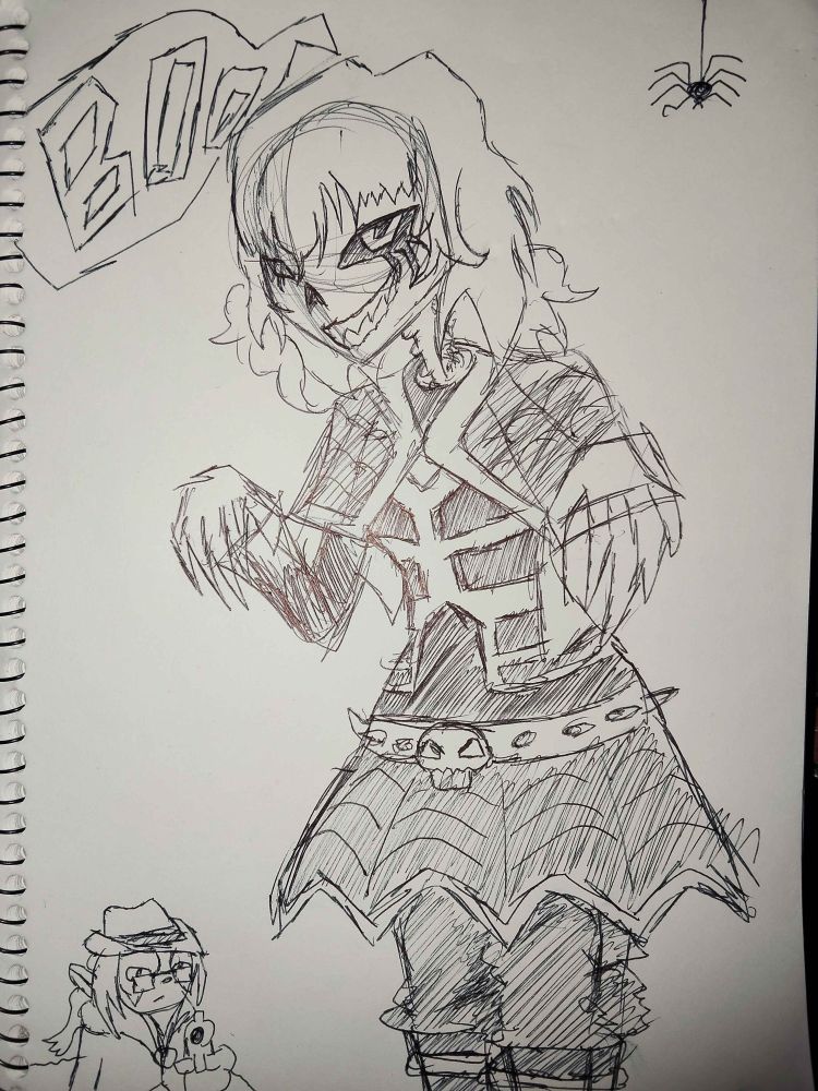 A pen sketch of the Lich vtuber Shale Lee. she is a goth skeleton and is making a spooky pose. Her friend Sniper is point a gun to the viewer in the background.