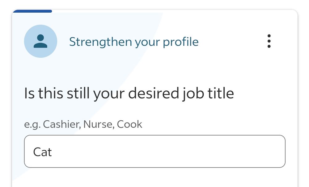 screenshot from indeed. com "is this still your desired job title?" with a search bar that says cat
