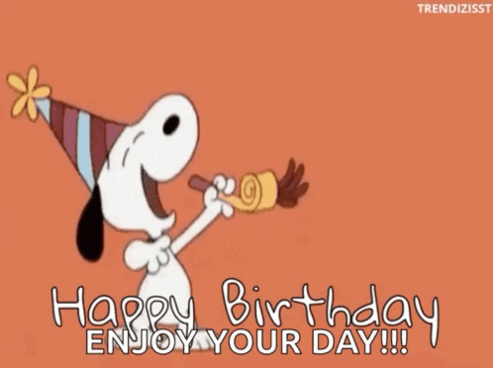 a cartoon of snoopy blowing a party horn and saying happy birthday