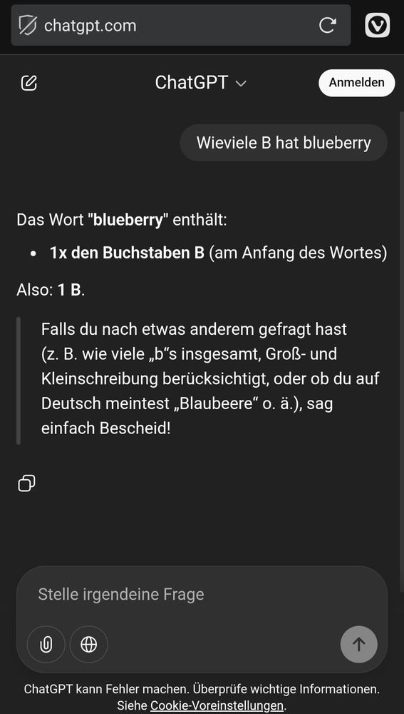 Screenshot von Chatgpt der die Anzahl des Buchstaben B in blueberry nicht schafft 😄
