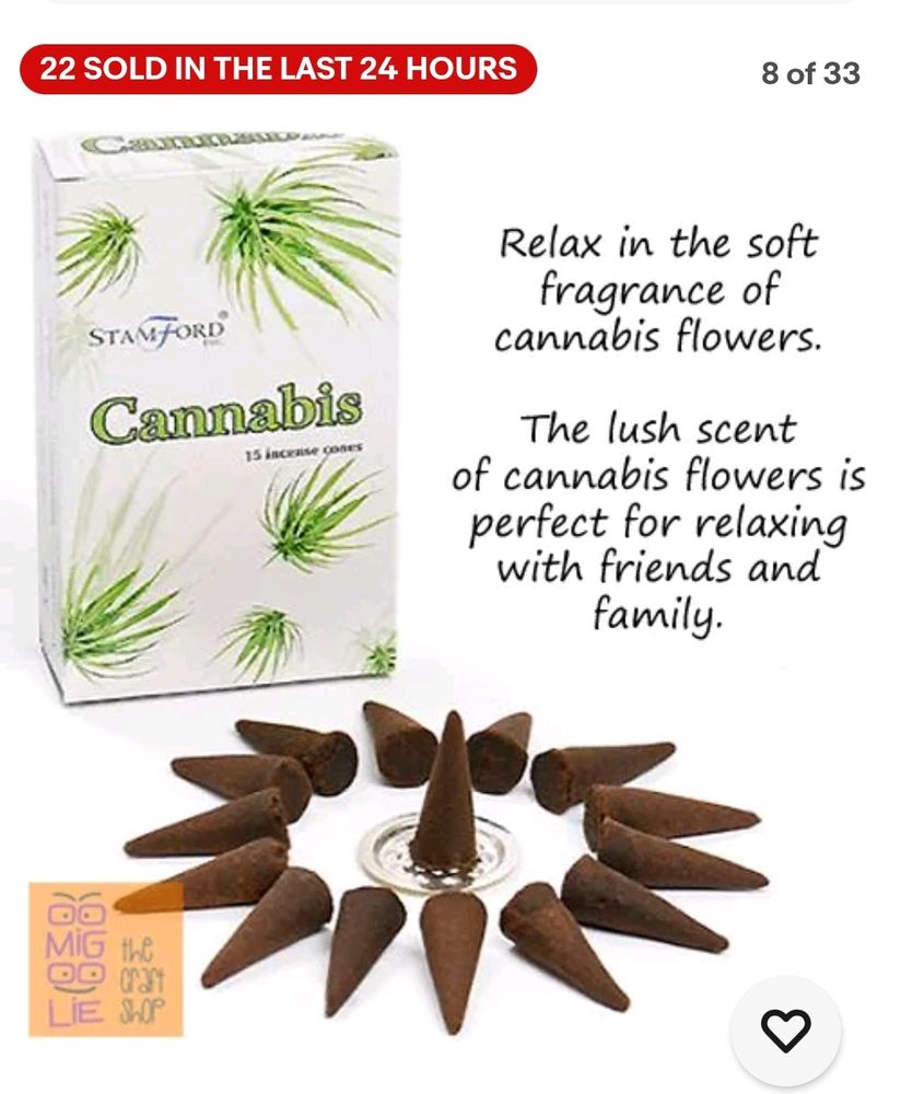 Screenshot of incense cones for sale. This particular scent is cannabis for some reason