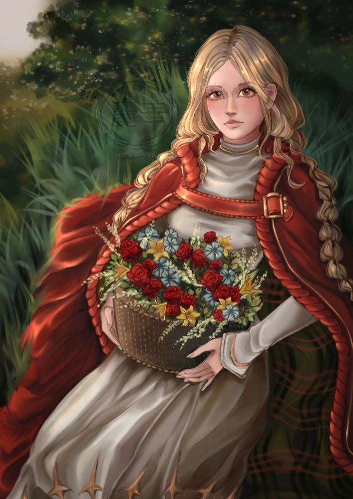 The character from Final Fantasy Tactics, Princess Ovelia. Composition: she is seated in the tall grass resting with a warm cloudy sunset behind her and the trees, mostly of the background is an intense green. 

About he girl, her hair is golden blonde and it’s divided in two braids laying on her shoulders. The red cape is probably made of a heavy wool fabric but the artist added some glow effect for aesthetic purpose, and the dress is beige with a few golden details, also has long sleeves and turtle neck. 

She’s posing while holding a basket of 3 color flowers (roses, turquoises and “Aerith’s flower”, I don’t remember the name). Not much expression on her face.