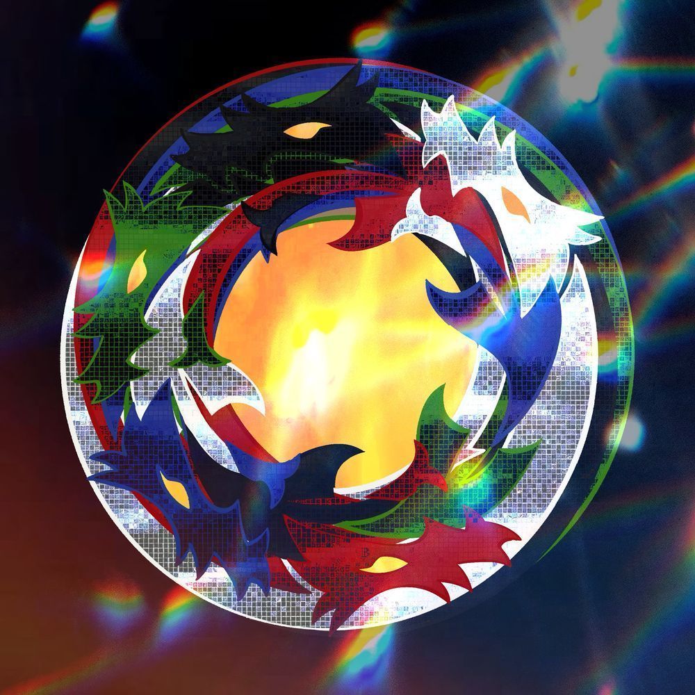 The image features a circular design of intertwining, colorful dragon heads—red, blue, green, and white—surrounding a glowing, fiery center. The dragons form a seamless loop, creating a vibrant and dynamic pattern against a dark, radiant background with light streaks.