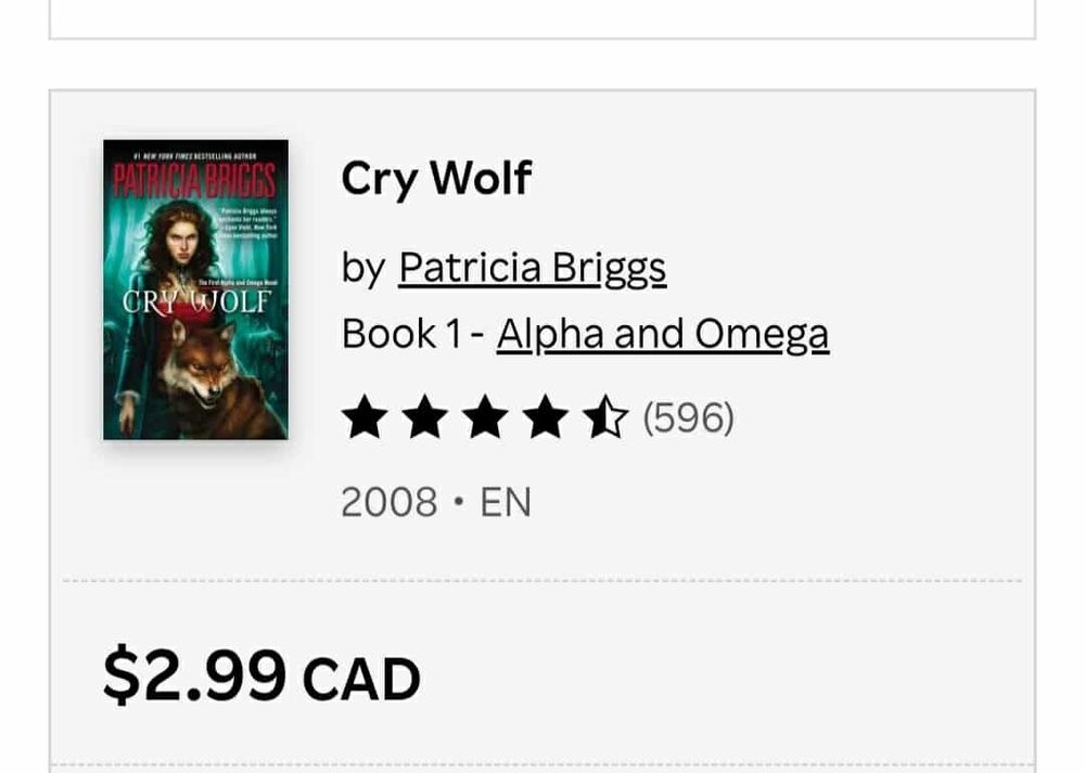 Screenshot of the Canadian kobo site for Cry Wolf 