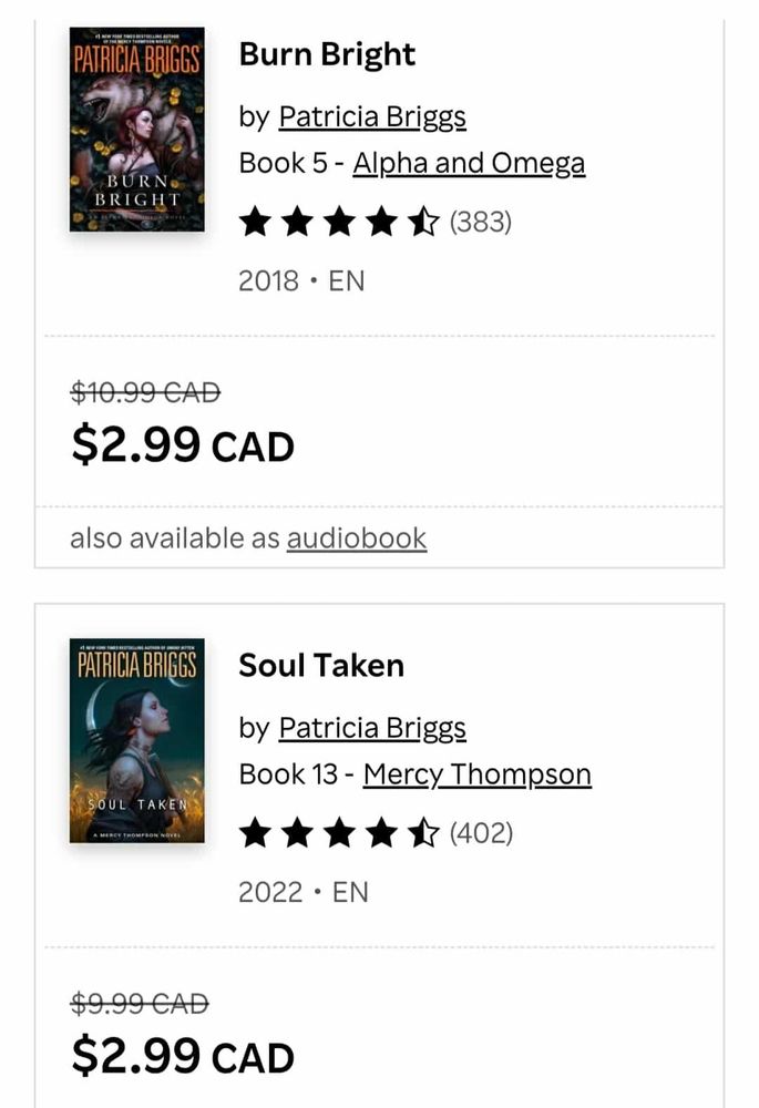 Screen shot from the Canadian kobo site for Burn Bright and Soul Taken