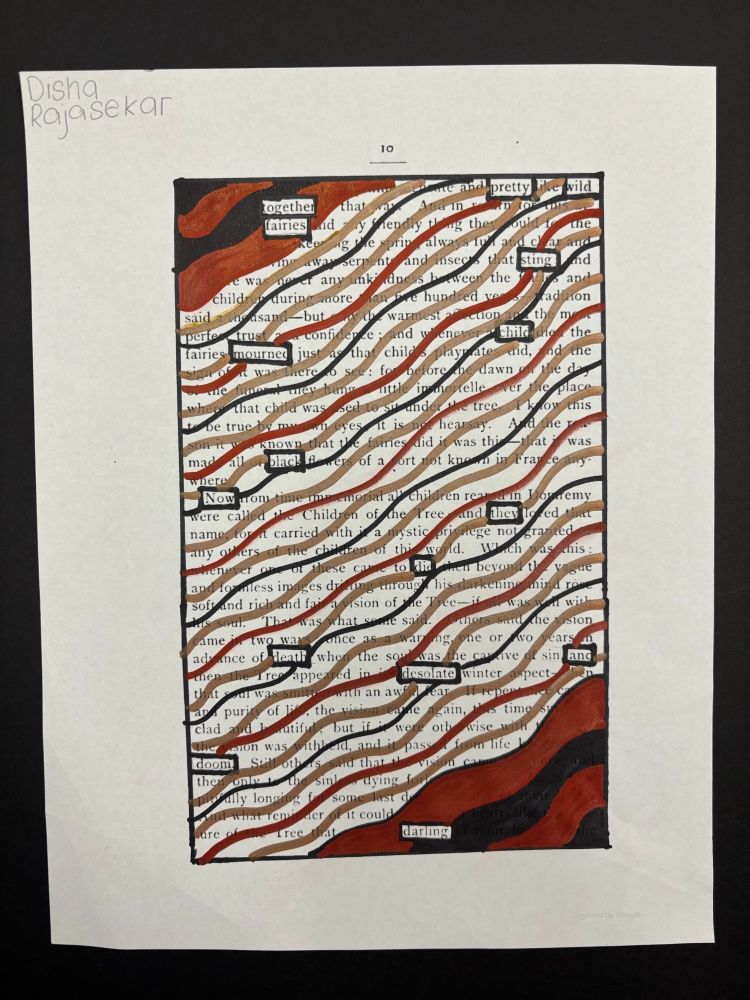 Using pages from Twain’s The War Prayer, A Connecticut Yankee, Joan of Arc, and The Mysterious Stranger, students found hidden meaning in the spaces between the lines and made each piece their own. An example of a poem.