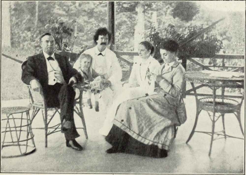 Mark Twain, Livy, Susy, and friends on the ombra, the shaded veranda of their Hartford home. A favorite family spot on pleasant days, and a fitting stage for one of literature’s most unforgettable households.