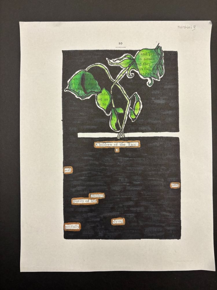 Using pages from Twain’s The War Prayer, A Connecticut Yankee, Joan of Arc, and The Mysterious Stranger, students found hidden meaning in the spaces between the lines and made each piece their own. An example of a poem.