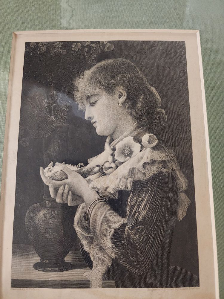 A black and white drawing of a woman holding a bird.