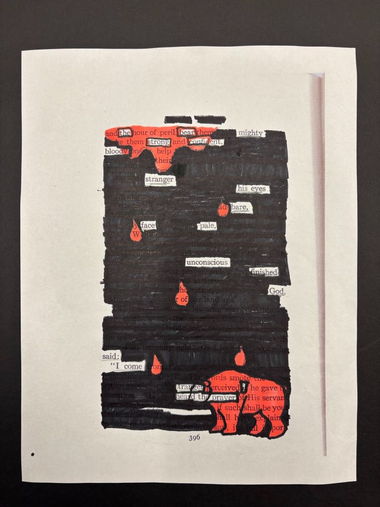 Using pages from Twain’s The War Prayer, A Connecticut Yankee, Joan of Arc, and The Mysterious Stranger, students found hidden meaning in the spaces between the lines and made each piece their own. An example of a poem.