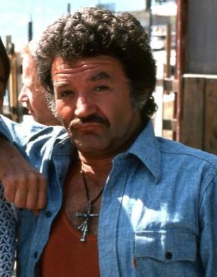 Nick Adonidas from the TV show The Beachcombers, played by Canadian heart-throb Bruno Gerussi. He is a handsome Greek man with bushy dark hair, mustache, an open jean shirt and tank top, and signature medallion (cross). Doing the duck face before it was cool.