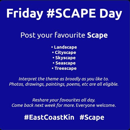 A digital graphic with a solid dark blue background features white and light blue text. The heading reads, “Friday #SCAPE Day” in bold white letters. Below, the subheading states, “Post your favourite Scape” in light blue text. A bulleted list follows, containing different types of “scapes” in white text:
	•	Landscape
	•	Cityscape
	•	Skyscape
	•	Seascape
	•	Treescape

A paragraph in smaller white text reads:
“Interpret the theme as broadly as you like to. Photos, drawings, paintings, poems, etc. are all eligible.”

Another line encourages engagement:
“Reshare your favourites all day. Come back next week for more. Everyone welcome.”

At the bottom, hashtags are: #EastCoastKin #Scape 