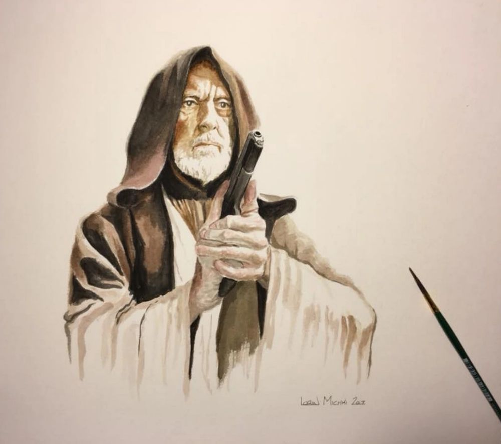 Obi Wan Kenobi (Alec Guinness from Star Wars Episode 4 “A New Hope”) holding a 1911 semiautomatic pistol.