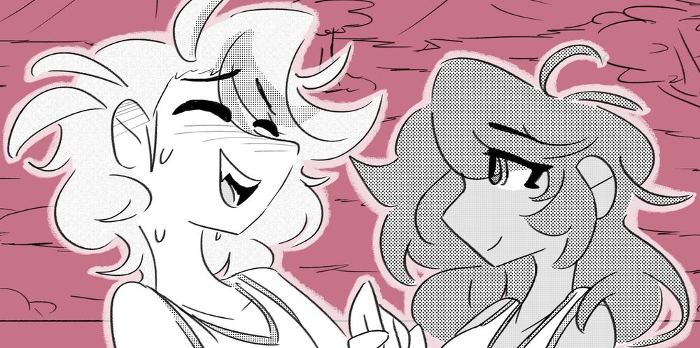 A picture of Drayton (from Pokemon Scarlet/Violet) and my OC Lyn (for Pokemon Scarlet/Violet). 
Drayton is looking flustered and having a very Okay time. Lyn is looking at him with a small smile.