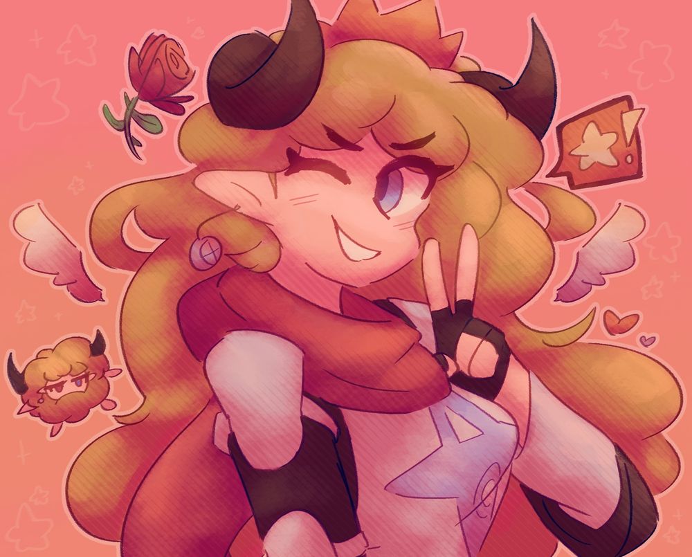 A picture of @bibbleskit.com‬'s Castrella OC Nyx Roseblood.
Nyx! She is smiling cheekily and posing with one hand up towards her face with her left hand doing a peace sign. Around Nyx is a rose, two wings either side of her, some hearts and a smaller sheepy version of Nyx. There is a speech bubble coming from her that has a star in it. I don't know how she's verbally saying a star, but she is. She's talented like that. Love you Bibs.