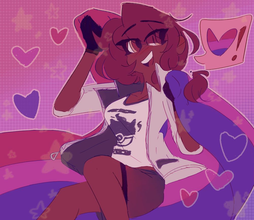 A picture of my OC Lyn (for Pokemon Scarlet/Violet).
It's Lyn! She is smiling and looking off to the side. She is holding a bisexual flag in her hands, showing the viewer that she is bisexual. Good for her, that's so awesome! There are a few hearts around her in bisexual colours, as well as a few stars at low opacity.