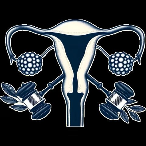 A stylized drawing of a uterus, with gavels attached below the ovaries, signifying the overreach of the legal system in women’s healthcare. 