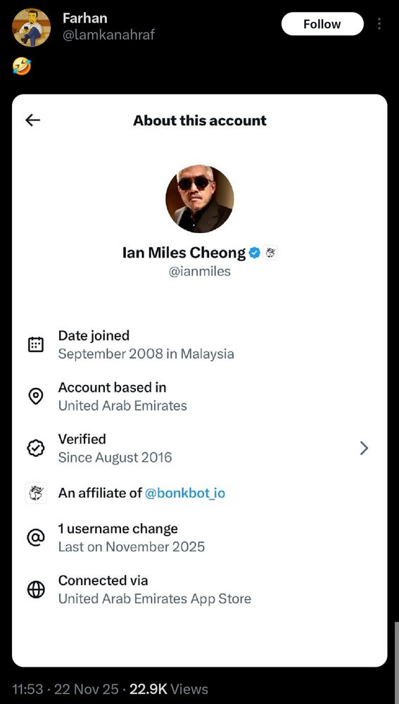 Screenshot of the X profile page for infamous rightwing extremist, Ian Miles Cheong, who has frequently claimed to be living in America and concerned about American politics, including advocating for Zohran Mamdani's deportation.