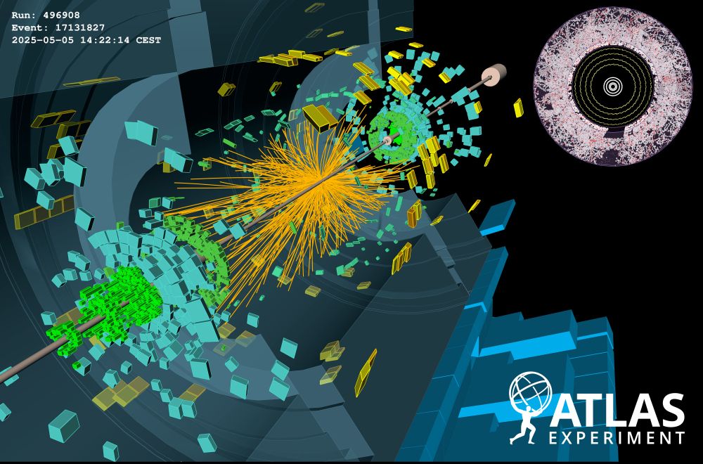 A proton-proton collision event recorded in the ATLAS detector on May 5th, 2025. The day with the first stable beam collisions in the LHC in 2025.