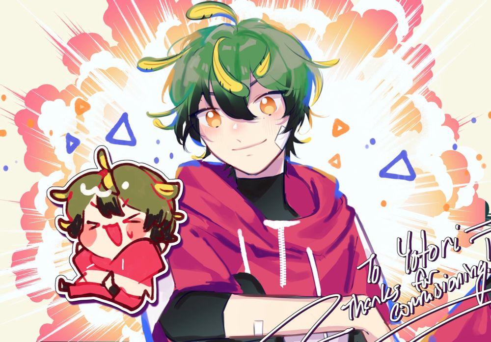 A bust up illustration of Yotori a green haired parrot guy with loose yellow feathers in his hair. He wears a red hoodie and he smiles brightly with a kaboom in the bg. A small Chibi of him is jumping away from the kaboom. 😅