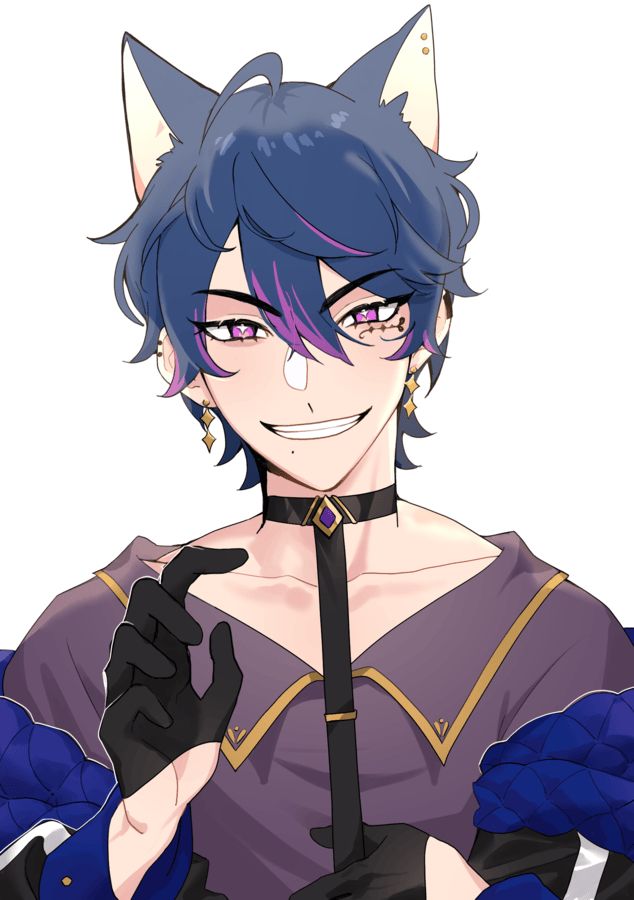An illustration of Ede Winterdorn, a young man with dark blue hair with some purple streaks in the bangs. He has cat ears, wears golden earrings in shape of diamonds, a black collar with a purple gem clip, a purple shirt with some golden accents and a blue/black jacket. He grins at you mischievously.