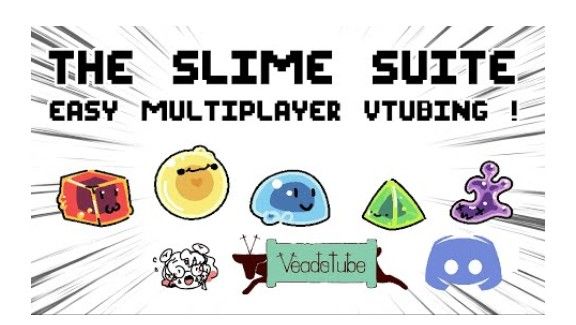 a screenshot from the linked video " The slime suite, easy multiplayer vtubing". On it are the 5 slimes of various colors and shapes that the artist is selling