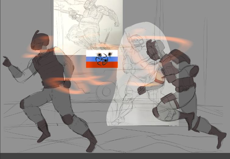 two figures in grey clad camo and brown armor and helmets run across an urban battlefield. behind them is an APC with a russian flag with a swastika like symbol. two figures behind them are monstrous, chubby, and tall women. both are clad in armor. one resembles a rabbit with a rabbit-like helmet. the other is indistinct. 