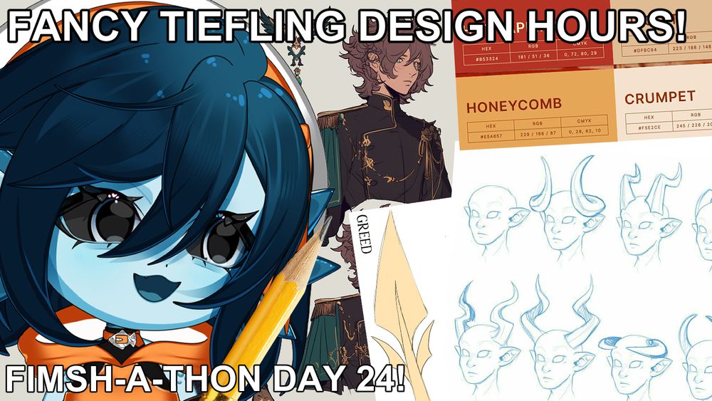 A collage of all sorts of different design elements for a very fancy tiefling. Beanie, a blue fish girl with short dark blue hair, is looking at the images and seems very excited! The text reads "FANCY TIEFLING DESIGN HOURS!" and "FIMSH-A-THON DAY 24!"