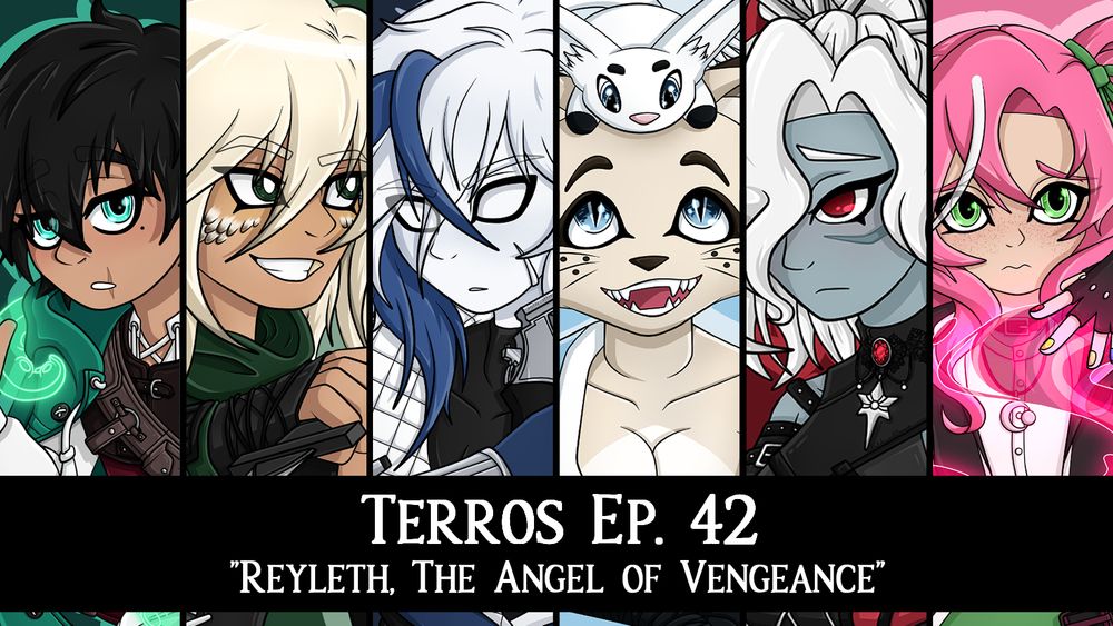 A spliced image featuring the portraits of all of the Terros party. It features Cassius, a black haired gnome warlock with a big teal coat, Glynn, a blonde Aasimar rogue holding a dagger, August, a changeling gunslinger with a large blue streak in his hair, Leaping Frog, a tabaxi monk with a little bunny on his head, Rosalie, a gnome wizard with bright pink twintails, and Ten, a winter Eladrin Blood Cleric with white hair.