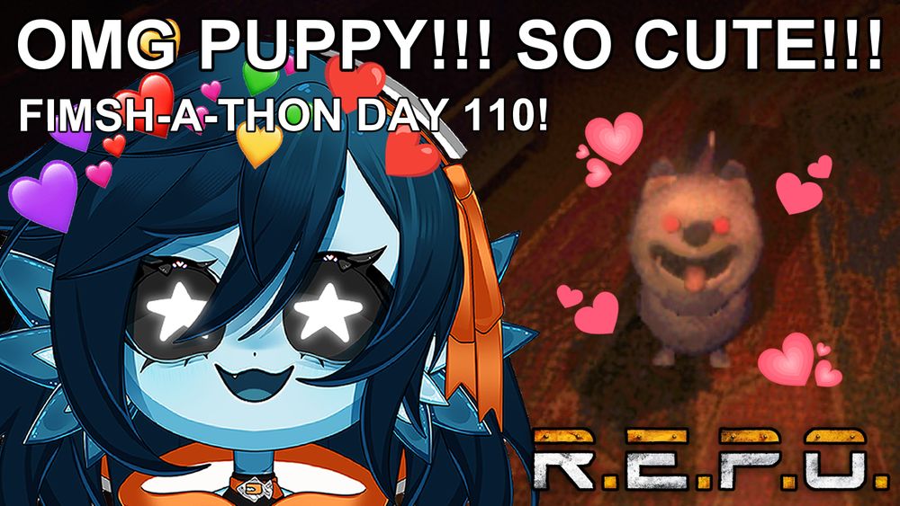 An image of a small cute white dog with little hearts floating around it. Beanie, a blue fish girl with short dark blue hair, has excited star shapes in her eyes and hearts around her head. The text reads "OMG PUPPY!!! SO CUTE!!!" and "FIMSH-A-THON DAY 110!"