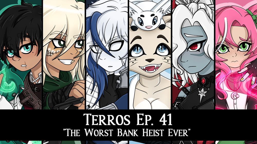 A spliced image featuring the portraits of all of the Terros party. It features Cassius, a black haired gnome warlock with a big teal coat, Glynn, a blonde Aasimar rogue holding a dagger, August, a changeling gunslinger with a large blue streak in his hair, Leaping Frog, a tabaxi monk with a little bunny on his head, Rosalie, a gnome wizard with bright pink twintails, and Ten, a winter Eladrin Blood Cleric with white hair.
