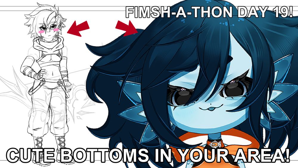 A black and white WIP sketch of Whisper, a modern D&D Ranger! He's wearing techwear fashion and holding a very ornate bow. Beanie, a blue fish girl with short dark blue hair in twin tails is sticking her tongue out at the viewer. There are red arrows pointing to both of them. The text reads "CUTE BOTTOMS IN YOUR AREA!" and "FIMSH-A-THON DAY 19!"