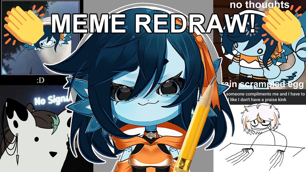 An image of Beanie, a blue fish girl with short dark blue hair, holding a comically oversized pencil. She's surrounded with various memes and funny images that have been poorly redrawn to look like her and her friends. The text reads "MEME REDRAW!" surrounded by two clapping emojis