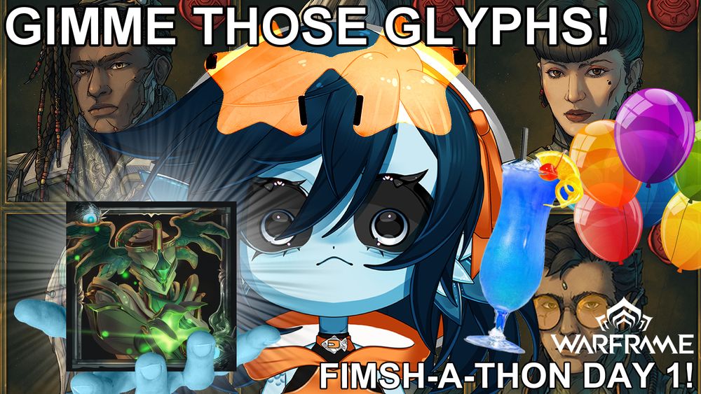 A screenshot of the Hex Accolade Glyphs from Warrfame. Beanie, a blue fish girl with short dark blue hair, is looking at the viewer intensely, with orange star shaped sunglasses on her head and is holding out the Jade Accolade Glyph in one hand. The text reads "GIMME THOSE GLYPHS!" and "FIMSH-A-THON DAY 1!"