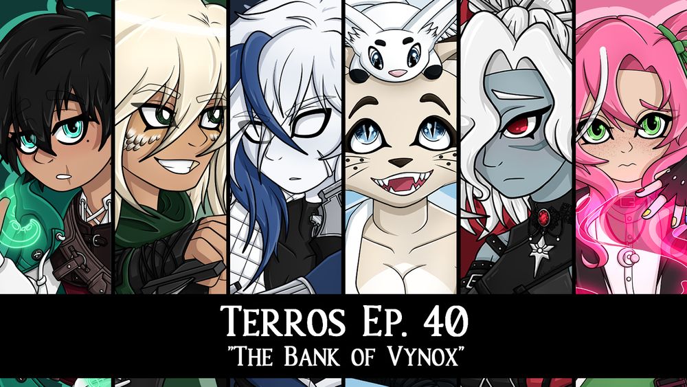 A spliced image featuring the portraits of all of the Terros party. It features Cassius, a black haired gnome warlock with a big teal coat, Glynn, a blonde Aasimar rogue holding a dagger, August, a changeling gunslinger with a large blue streak in his hair, Leaping Frog, a tabaxi monk with a little bunny on his head, Rosalie, a gnome wizard with bright pink twintails, and Ten, a winter Eladrin Blood Cleric with white hair.