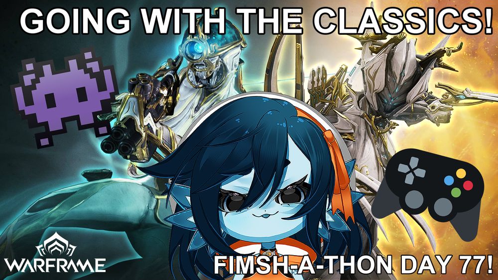 A beautiful blue and yellow wallpaper featuring Mag Prime and Valkyr Prime. Beanie, a blue fish girl with short dark blue hair is sticking her tongue out at the viewer. The text reads "GOING WITH THE CLASSICS!" and "FIMSH-A-THON DAY 77!"