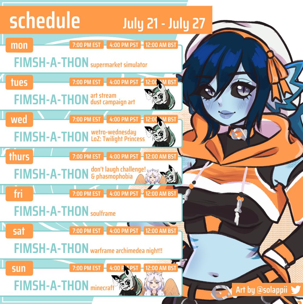 STREAM SCHEDULE FOR JULY 21 - JULY 27
MON - Supermarket Simulator @ 7PM EST
TUES - Art Stream! Dust Campaign Art ft. Illegal_Inkblot @ 7PM EST
WED - WETRO WEDNESDAY - LoZ: Twilight Princess ft. Illegal_InkblotVT @ 7PM EST
THURS - Don't Laugh Challenge & Phasmophobia ft. TriRealm & Illegal_Inkblot @ 7PM EST
FRI - Soulframe @ 7PM EST
SAT - Warframe Archimedea Night @ 7 PM EST
SUN - Minecraft ft. TriRealm & Illegal_Inkblot @ 7PM EST