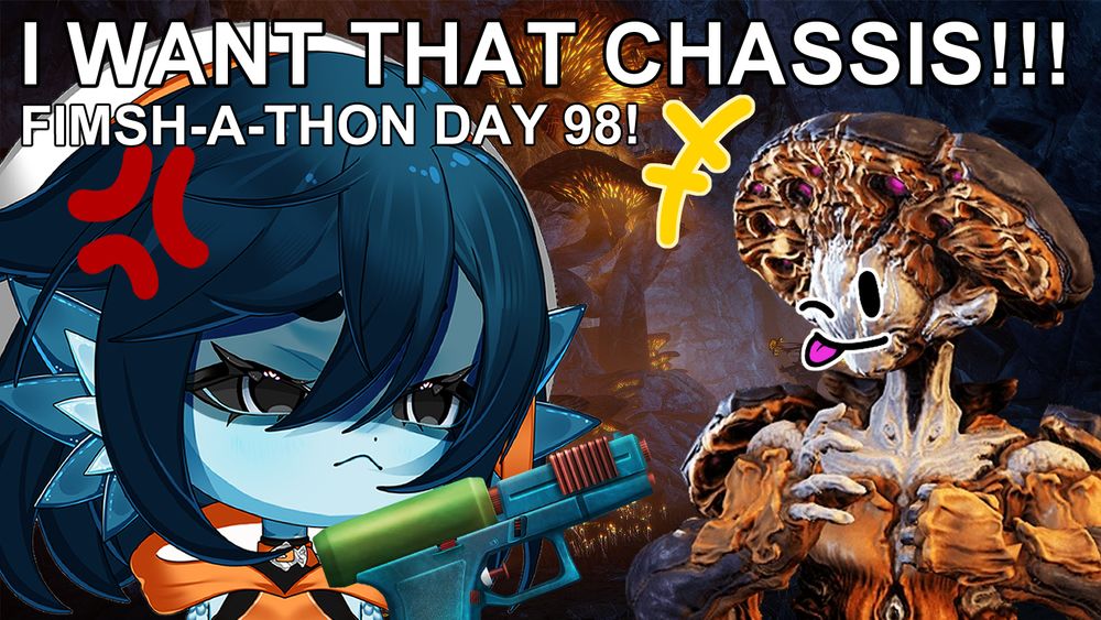 An image of Nokko, the newest warframe. There's a doodle of a ;P face on Nokko's faceplate. Beanie, a blue fish girl with short dark blue hair is very >:c and pointing an emoji gun at Nokko. The text reads "I WANT THAT CHASSIS!!!" and "FIMSH-A-THON DAY 98!"
