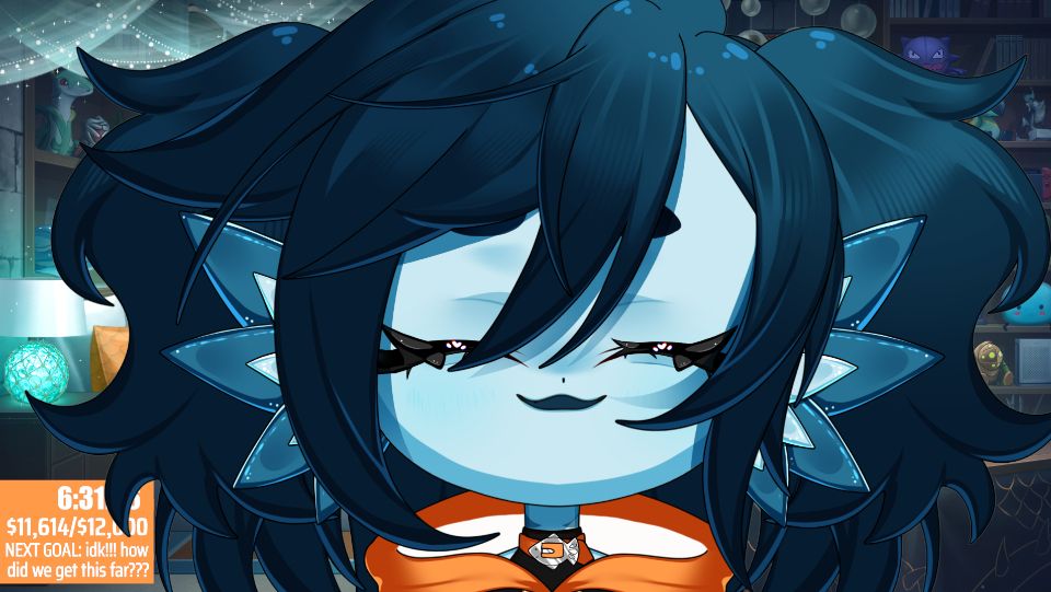 an image of Beanie, a blue fish girl with short dark blue hair pulled into twin tails. She's smiling at the camera. An orange timer with roughly 6 hours and 30 minutes on it is in the background.