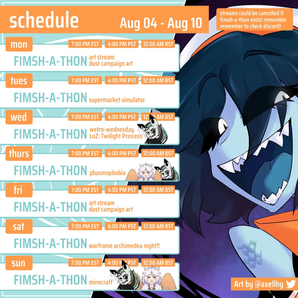 STREAM SCHEDULE FOR AUGUST 04 - AUGUST 10
MON - Art Stream! Dust Campaign Art @ 7PM EST
TUES - Supermarket Simulator @ 7PM EST
WED - WETRO WEDNESDAY - LoZ: Twilight Princess ft. Illegal_InkblotVT @ 7PM EST
THURS - Phasmophobia ft. TriRealm & Illegal_InkblotVT @ 7PM EST
FRI - Art Stream! Dust Campaign Art @ 7PM EST
SAT - Warframe Archimedea Night @ 7 PM EST
SUN - Minecraft ft. TriRealm & Illegal_Inkblot @ 7PM EST