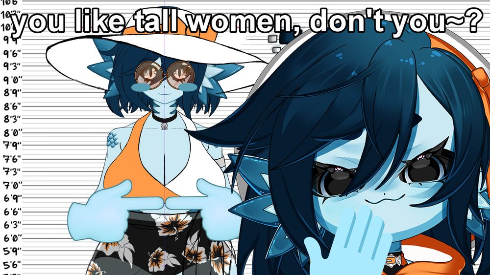A WIP screenshot of Beanie 3.0 in her summer outfit, standing in front of a height graph, labelling her at 10ft. tall. Beanie is a blue fish girl with short dark blue hair. Chibi Beanie is in the corner, looking very smug. The text reads "you like tall women, don't you~?"