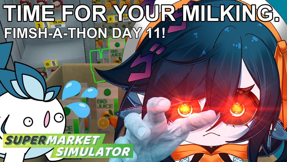 A screenshot of orange "bio juice" from the game Supermarket Simulator. Beanie, a blue fish girl with short dark blue hair is reaching out towards the viewer ominously, with red flashing in her eyes. The text reads "TIME FOR YOUR MILKING." and "FIMSH-A-THON DAY 11!"